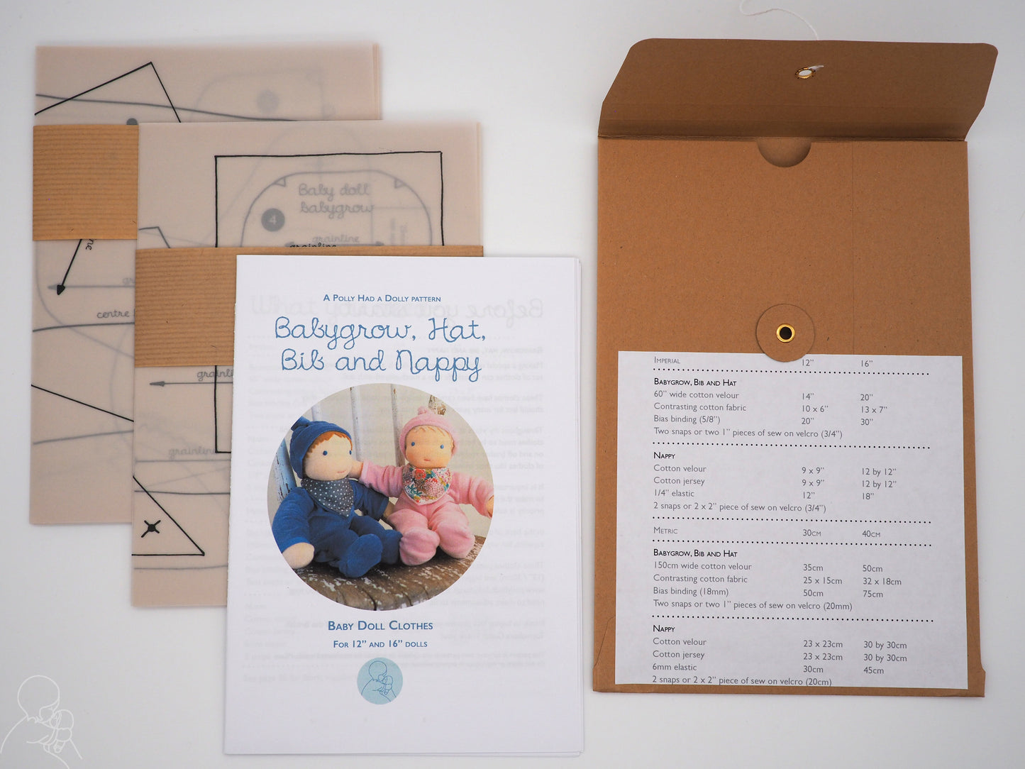 Babygrow, hat, bib and nappy - doll clothes paper pattern